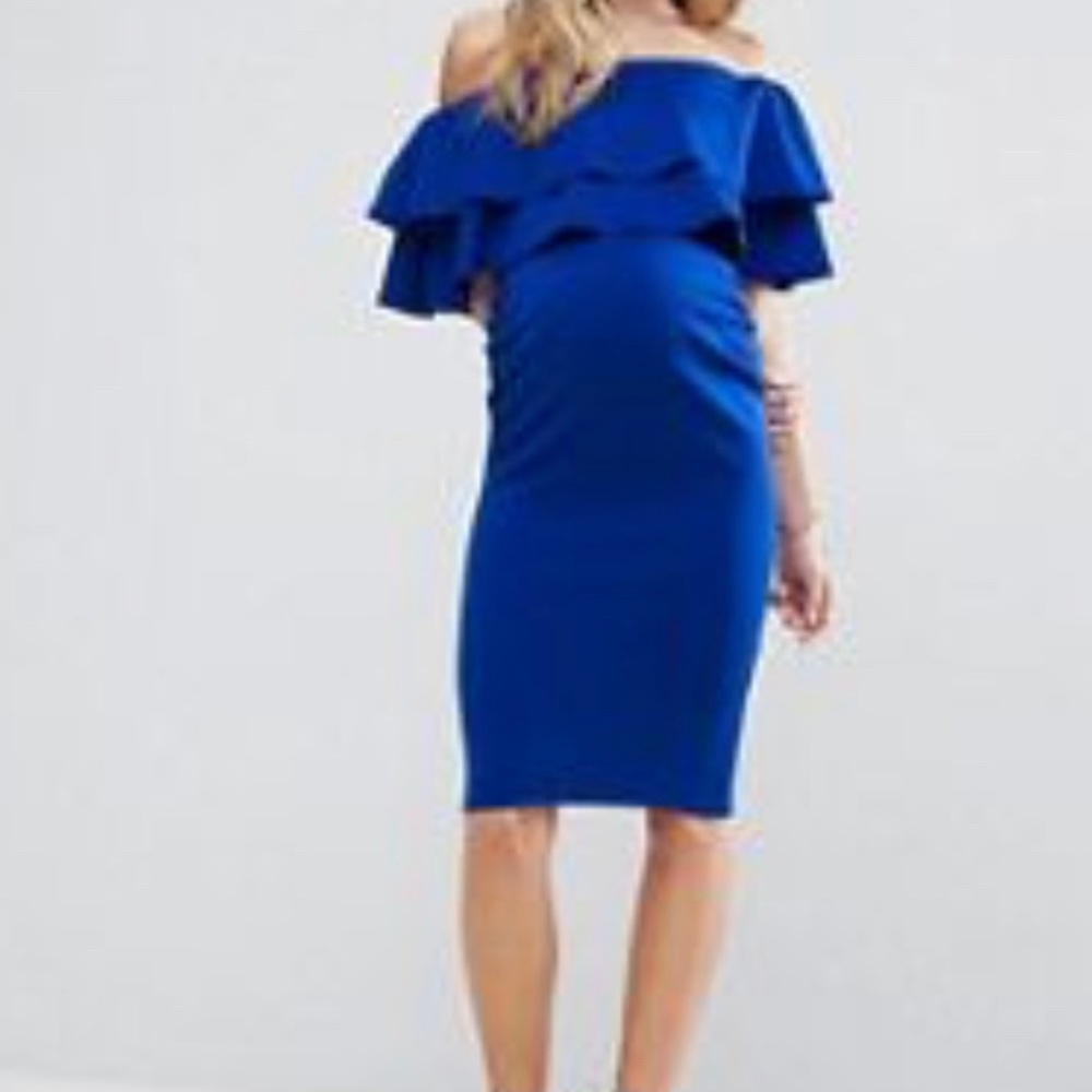 ASOS maternity dress blue off the shoulder ruffle